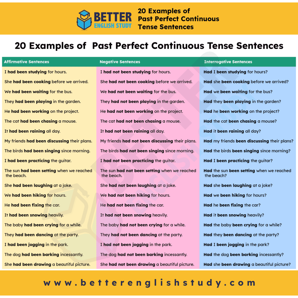 20 Examples of  Past Perfect Continuous Tense Sentences