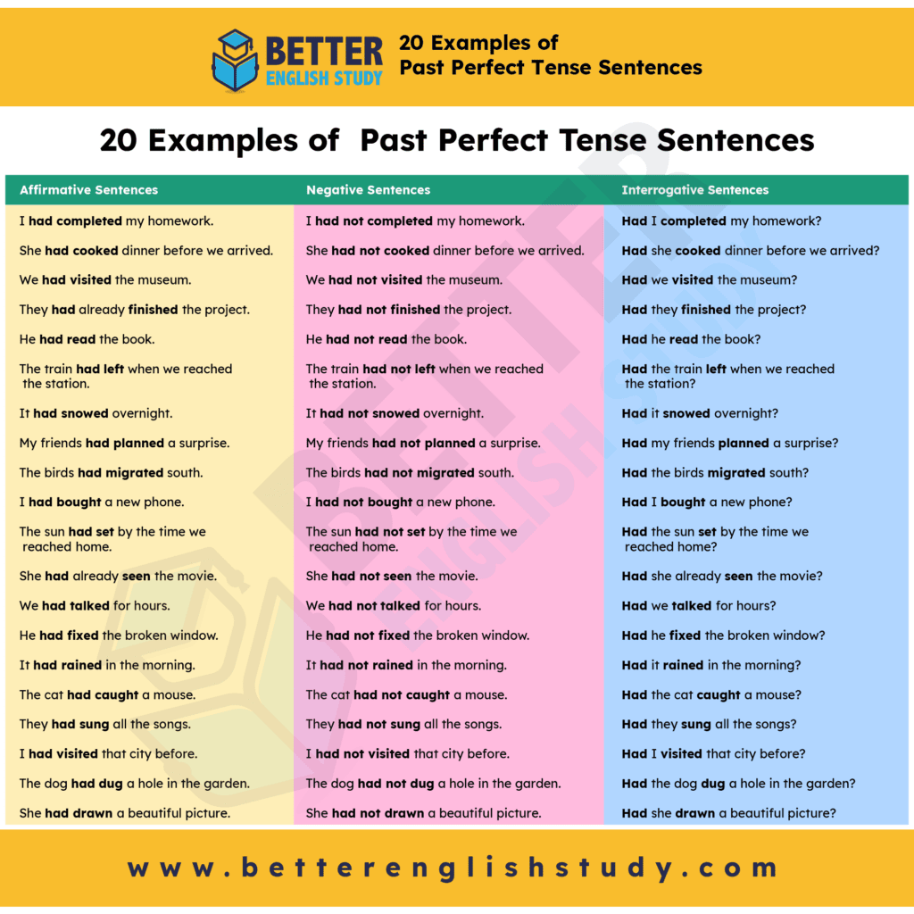 20 Examples of  Past Perfect Tense Sentences