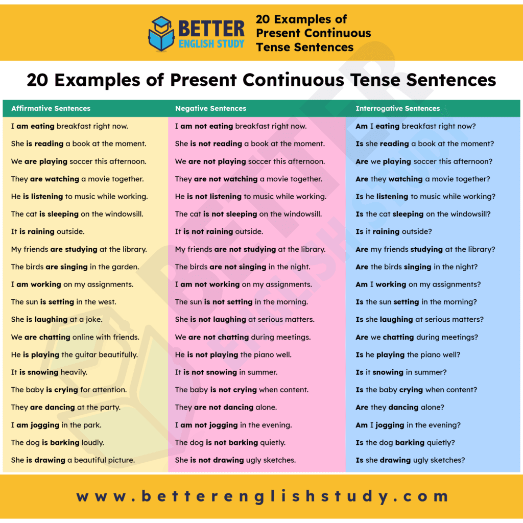 20 Examples of  Present Continuous Tense Sentences