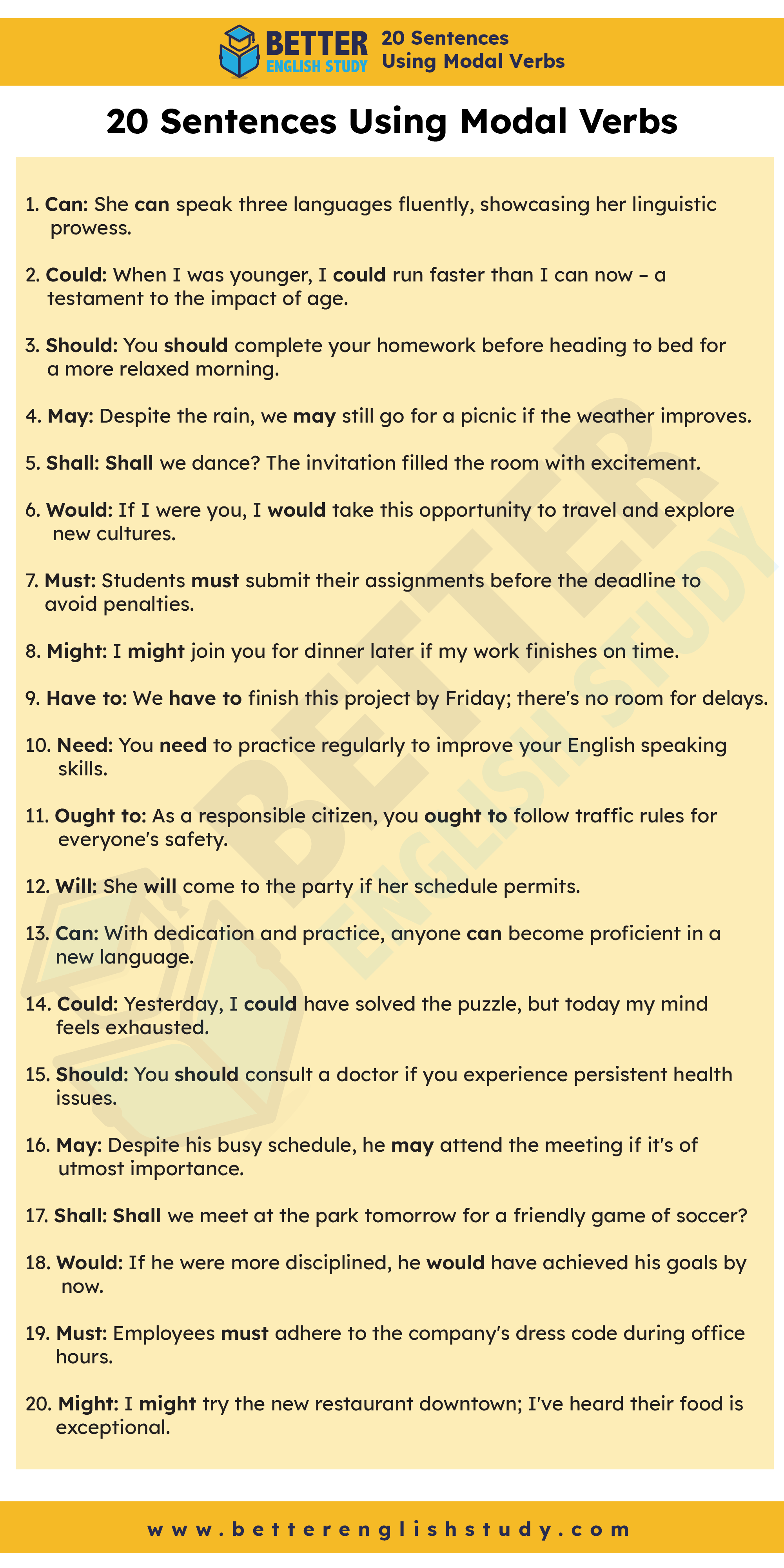 20 sentences using modal verbs