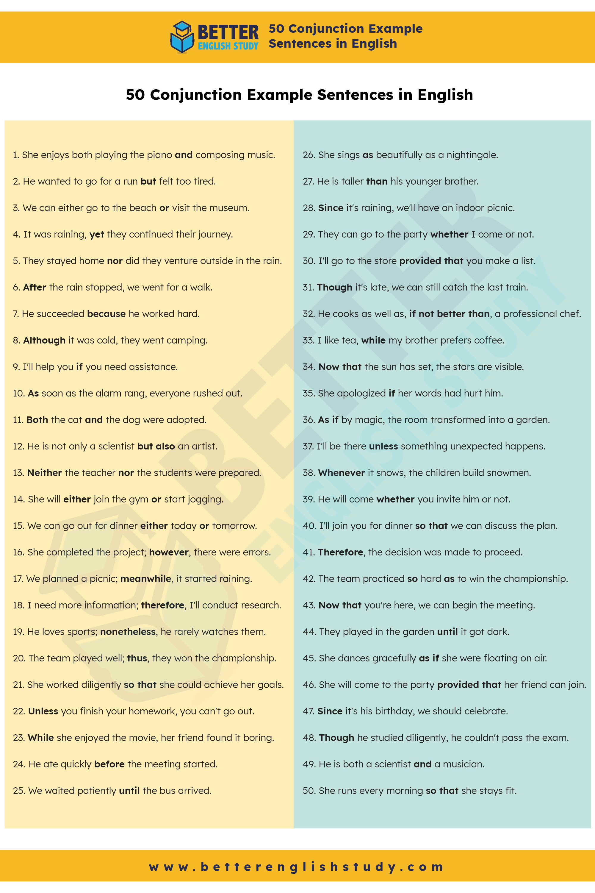 50 Conjunction Example Sentences in English