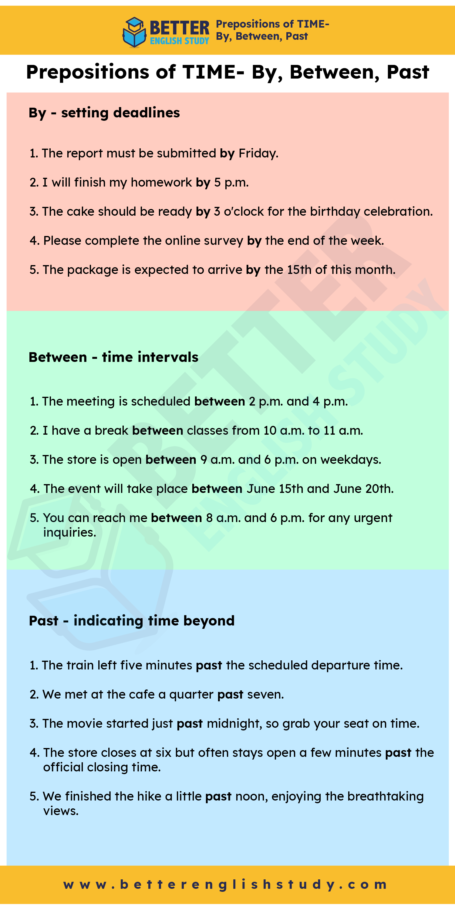 Preposition with time by between past