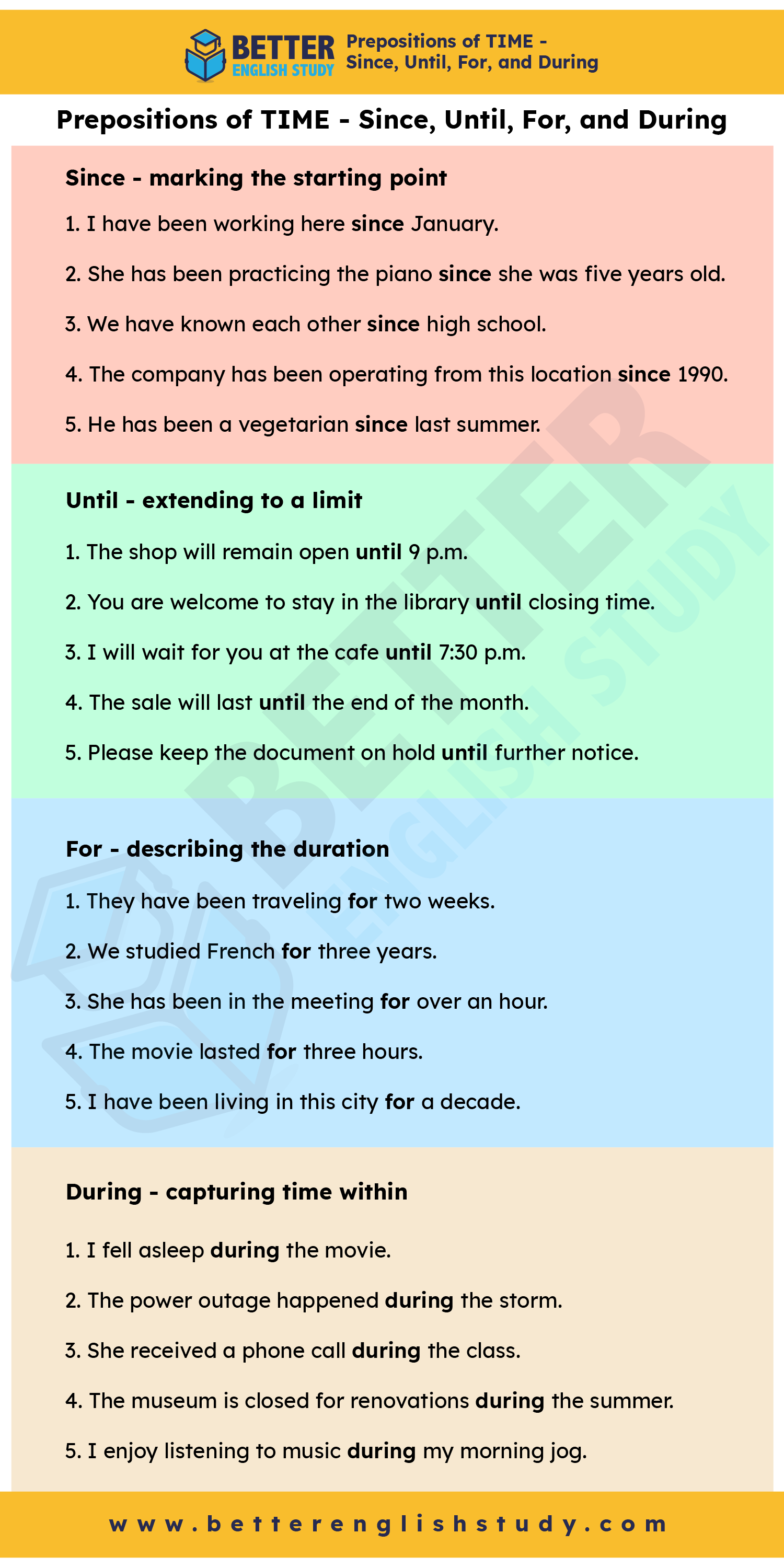 Preposition with time since until for during