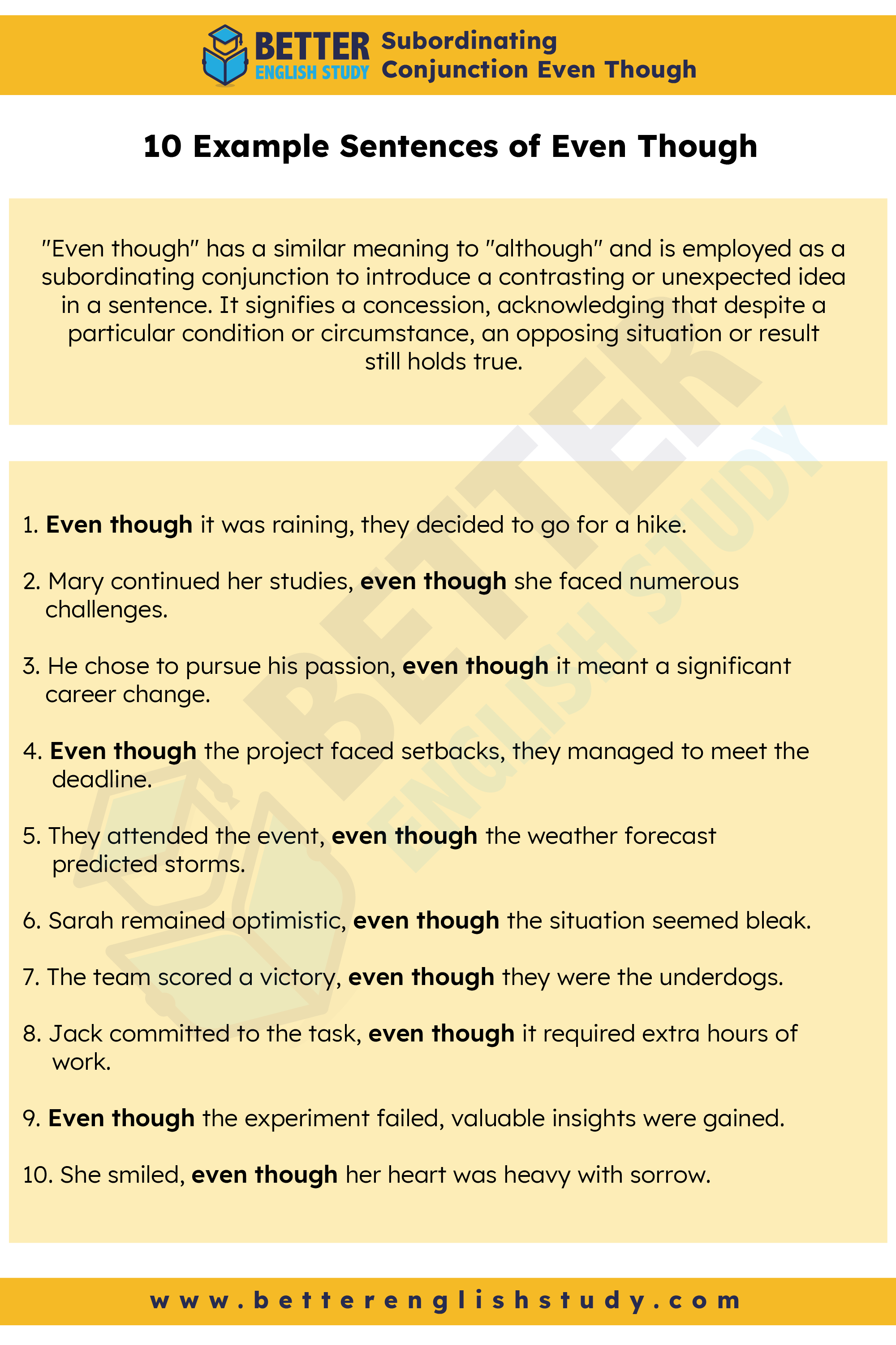 Subordinating Conjunction  Even Though   Example Sentences