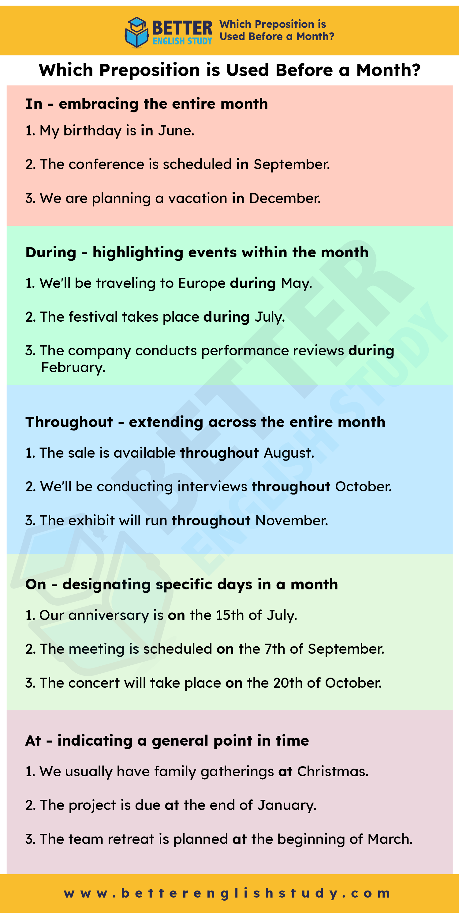 Which preposition is used before a month