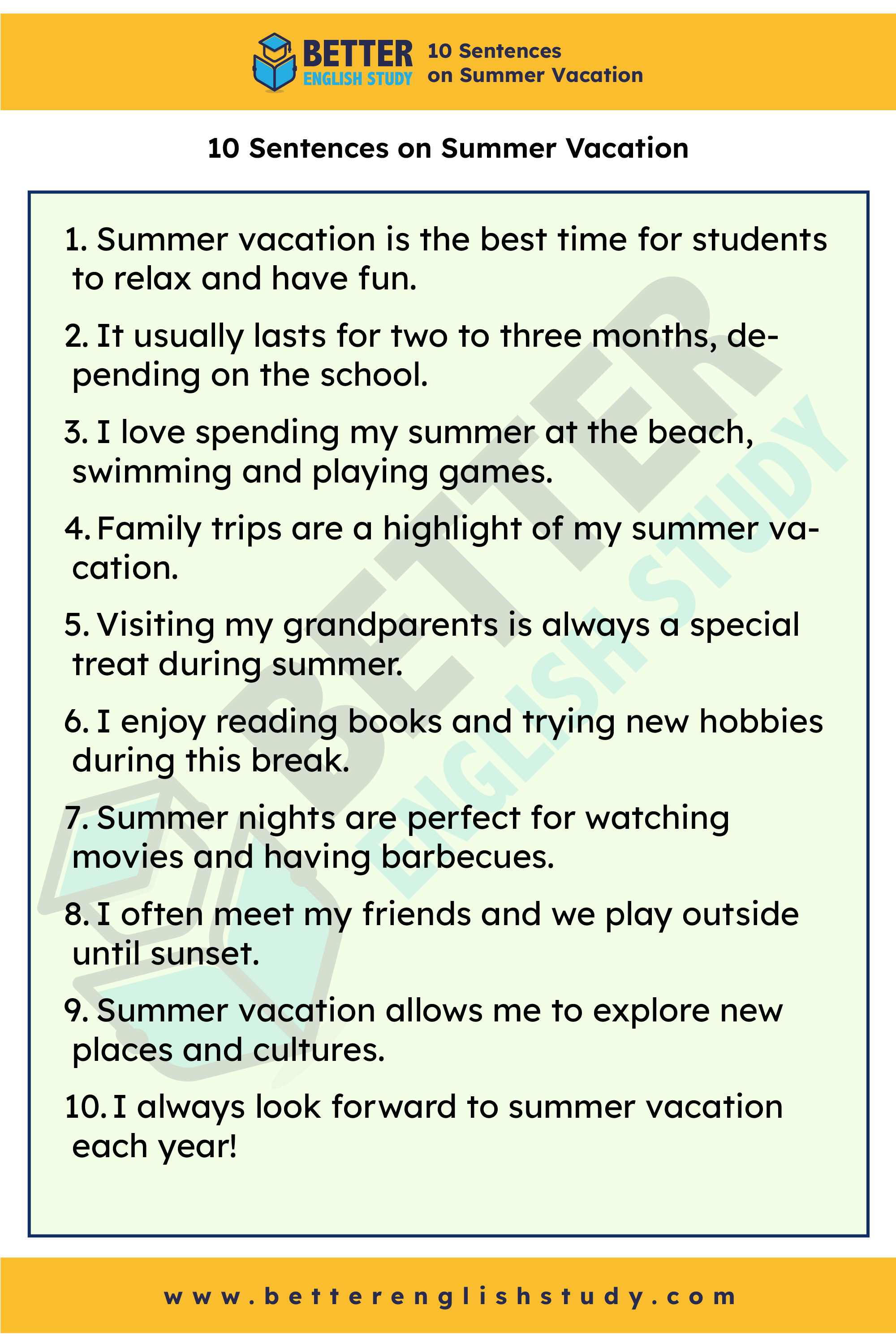 10 sentences on summer vacation