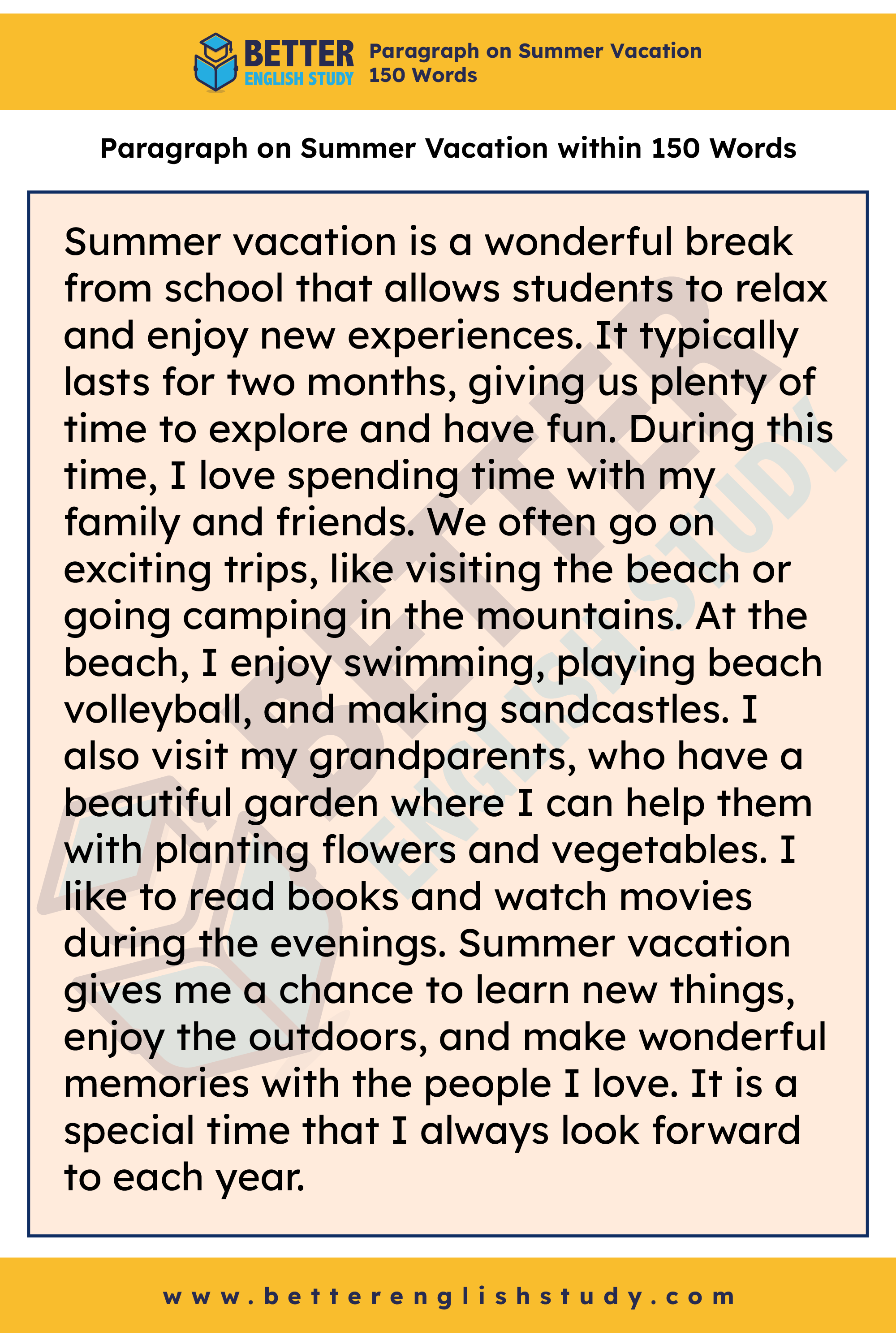 A Paragraph on Summer Vacation 150 words