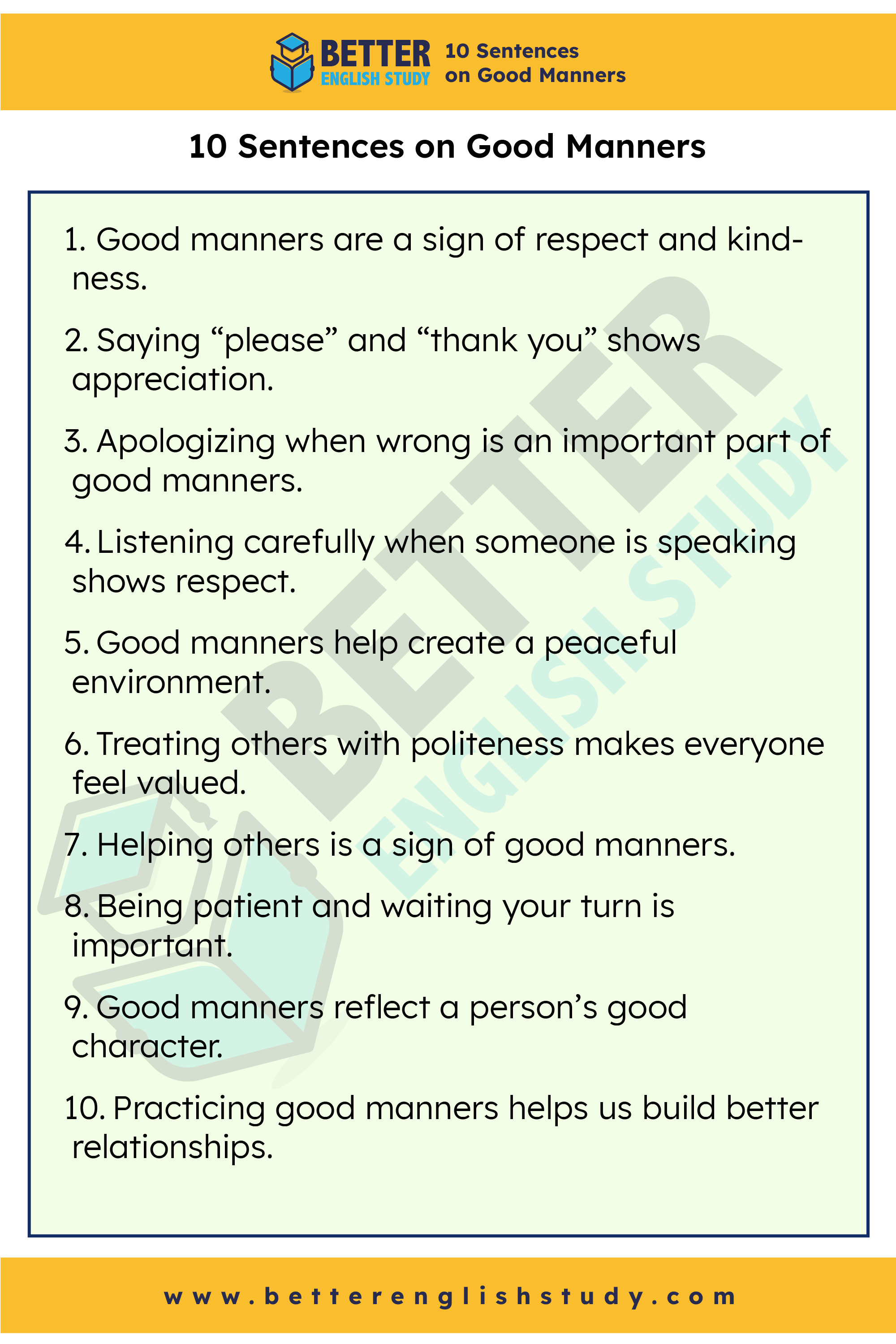 10 sentences about Good Manners 